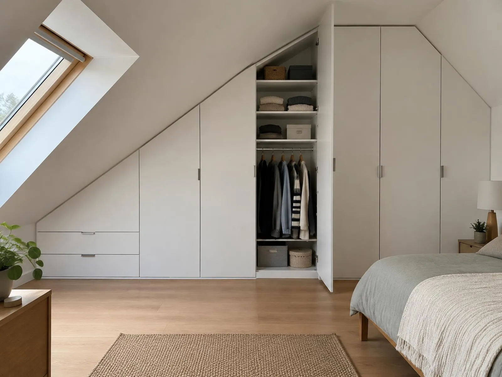 Chambre sous la pente : le mur habillé d'un placard sur mesure qui suit la pente (visuel d'illustration)
