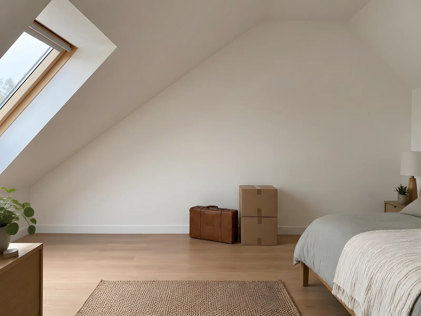 Chambre sous la pente, mur nu avec une valise et des cartons posés au sol