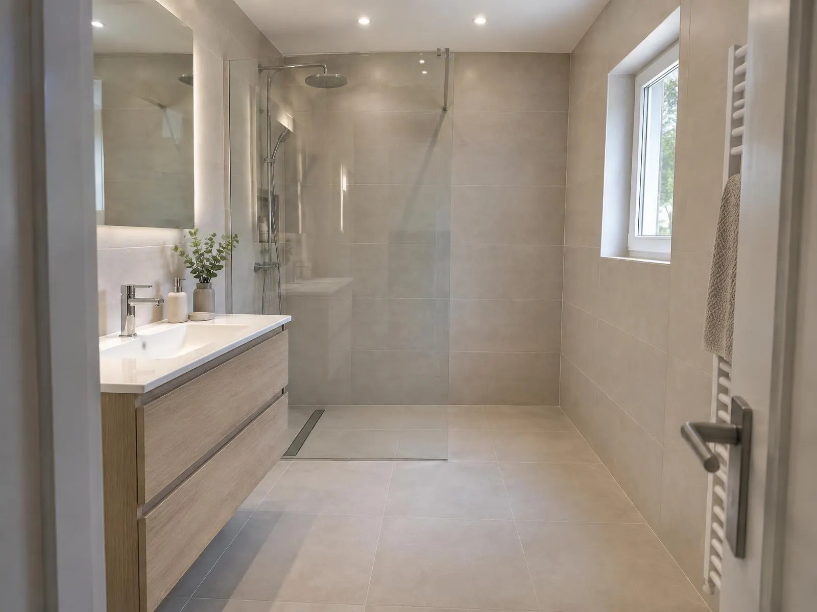 Salle de bains rénovée : une douche vitrée à la place de l'ancienne baignoire, carrelage clair (visuel d'illustration)